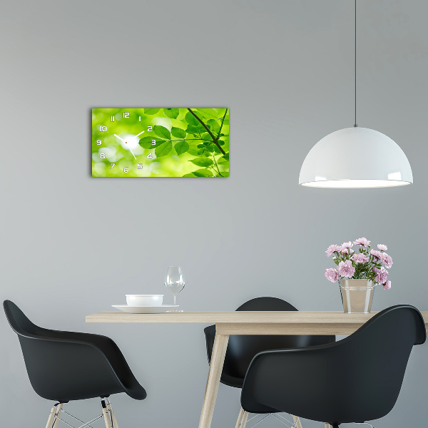 Langwerpige wandklok van glas Groene bladeren