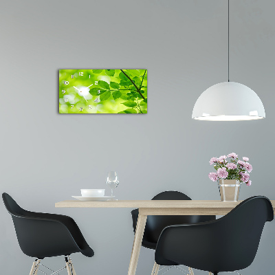 Langwerpige wandklok van glas Groene bladeren