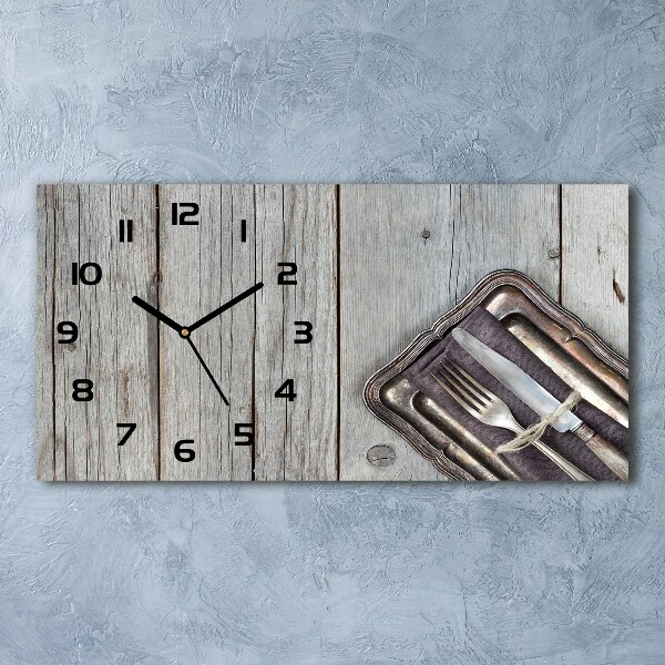 Zegar ścienny szklany Sztućce na deskach