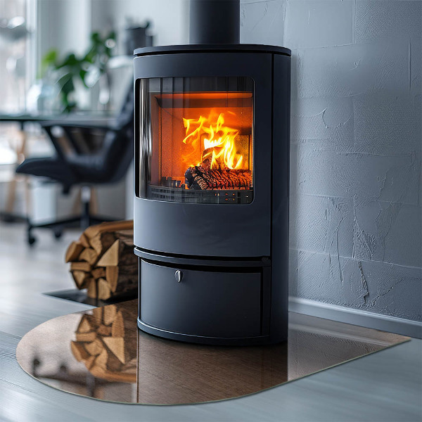 Szyba hartowana pod kominek półowalna Wzór inspirowany drewnem