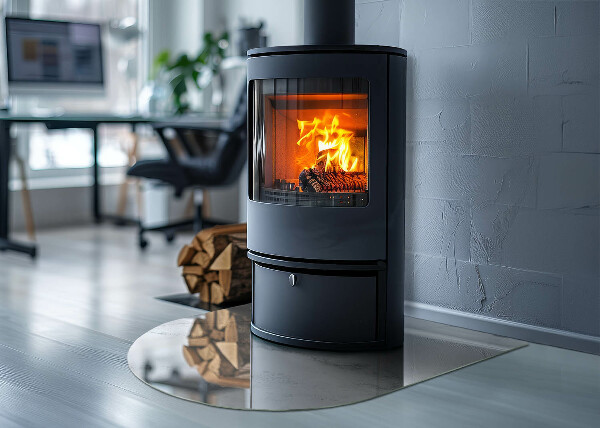 Halfronde plaat voor onder houtkachel Marmeren accenten met subtiele adering.