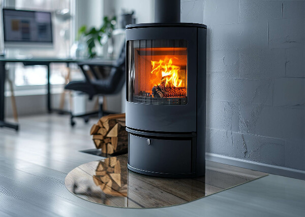 Halfronde plaat onder houtkachel Houten mozaïek in de lay-out