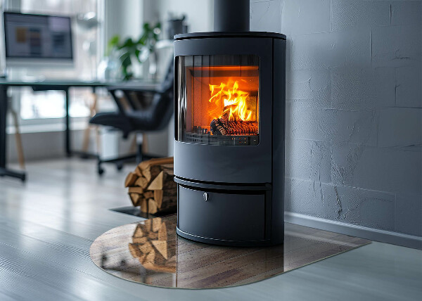 Halfronde plaat voor onder houtkachel Houten patroon in een geometrische opstelling