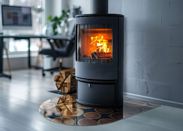 Halfronde plaat voor onder houtkachel Doos met houten frame