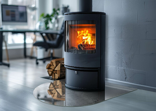 Halfronde plaat onder houtkachel Ruw beton in een minimalistische stijl