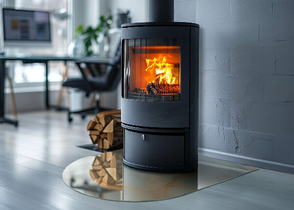 Halfronde plaat onder houtkachel Abstract marmermotief