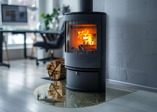 Halfronde plaat onder houtkachel Tropische bladeren op de achtergrond