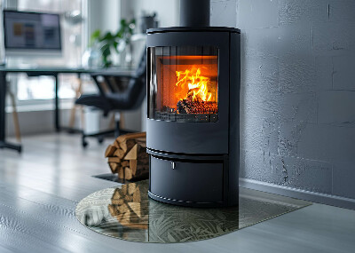 Halfronde plaat onder houtkachel Tropische bladeren op de achtergrond