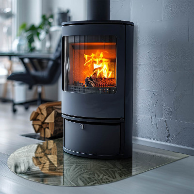 Halfronde plaat onder houtkachel Tropische bladeren op de achtergrond