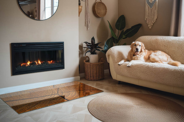 Plaat voor onder kachel Een dwarsdoorsnede van hout met een duidelijke nerf.