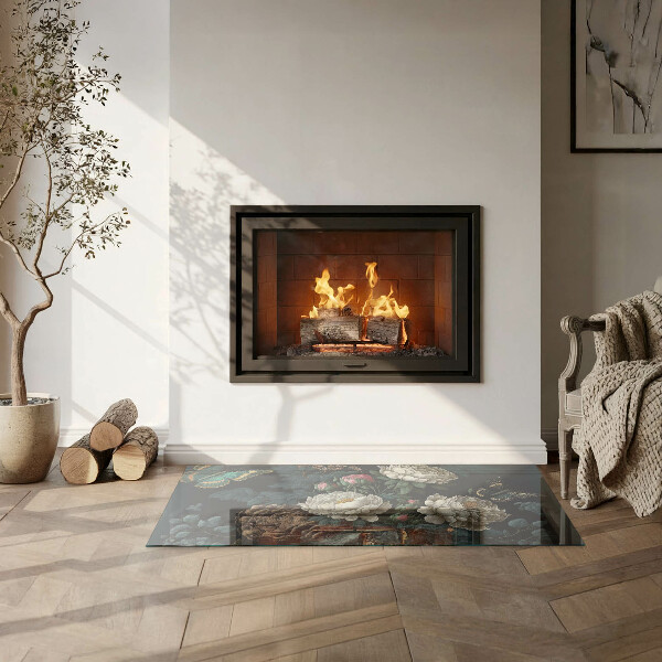 Szyba hartowana pod kominek Motyle na tle kwiatów