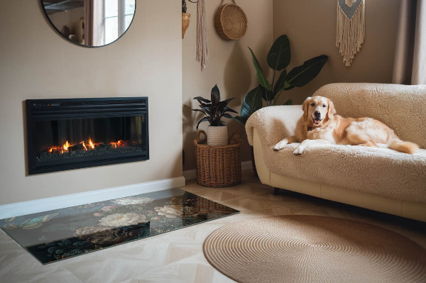 Plaat voor onder kachel Vlinders tegen een achtergrond van bloemen