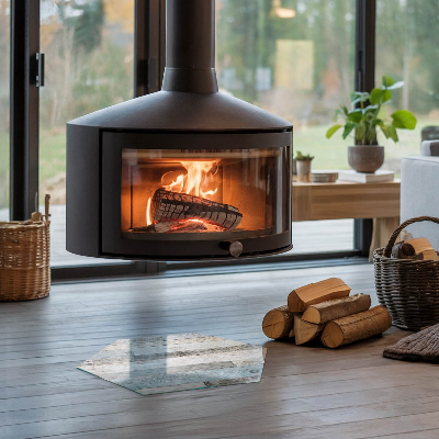 Zeshoekige plaat onder houtkachel Kleuren van het bord in diverse tinten.