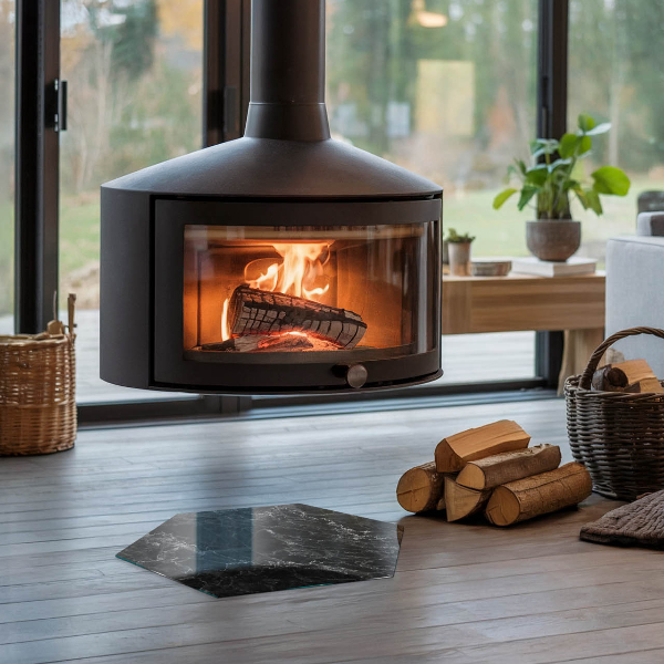 Zeshoekige plaat onder houtkachel Stijlvol marmermotief