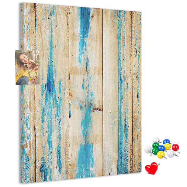 Kurken prikbord oud houten paneel met blauwe accenten