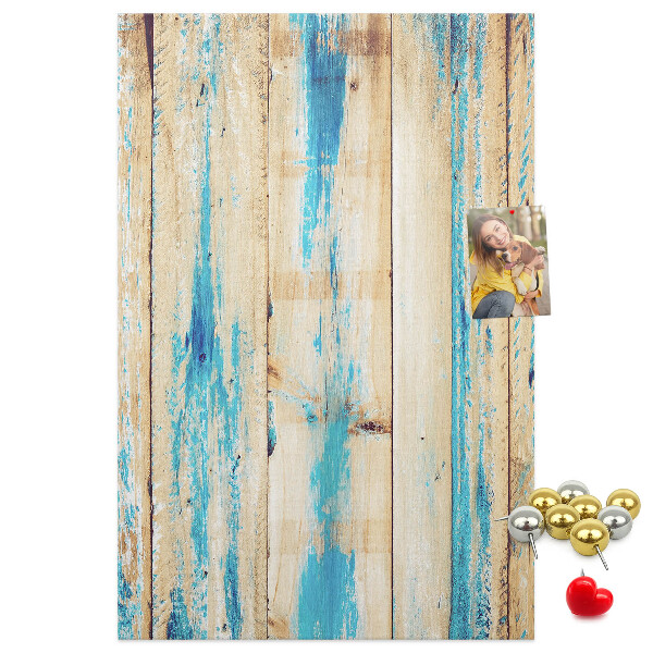 Kurken prikbord oud houten paneel met blauwe accenten