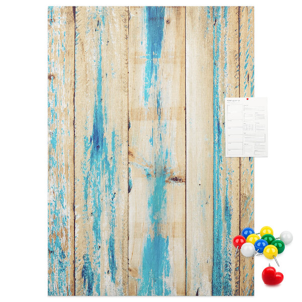 Kurken prikbord oud houten paneel met blauwe accenten