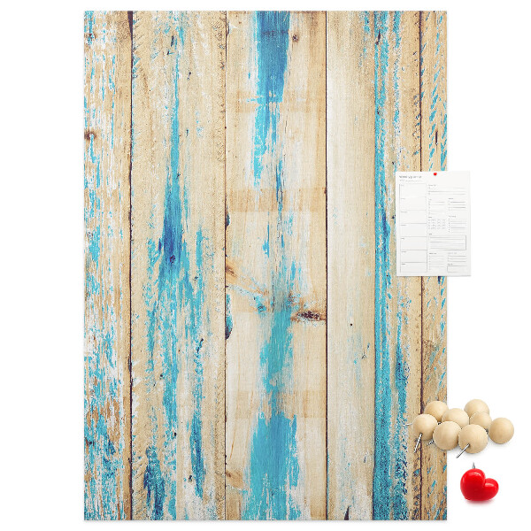 Kurken prikbord oud houten paneel met blauwe accenten