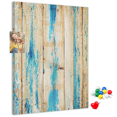 Kurken prikbord oud houten paneel met blauwe accenten