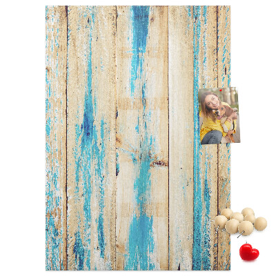 Kurken prikbord oud houten paneel met blauwe accenten