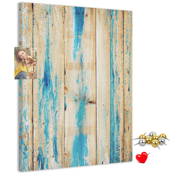 Kurken prikbord oud houten paneel met blauwe accenten