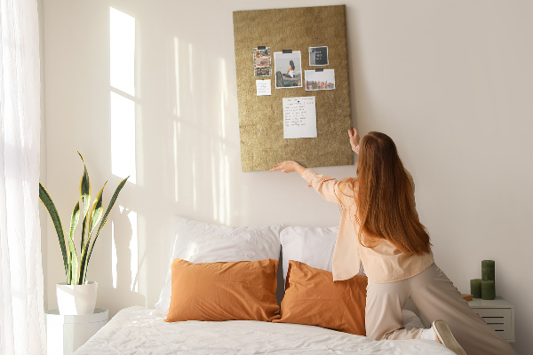 Kurk memobord met goudkleurig papier en gekleurde spelden