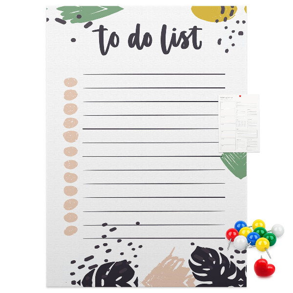 Kurken prikbord met een print van kleurrijke bladeren op een takenlijst