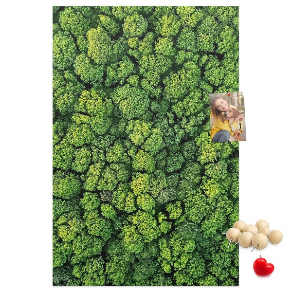 Prikbord van kurk met een afbeelding van een groen bos vanuit vogelperspectief