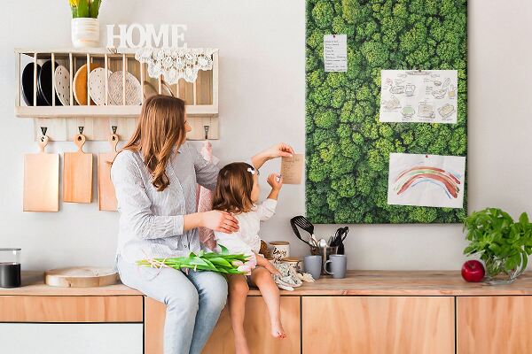 Prikbord van kurk met een afbeelding van een groen bos vanuit vogelperspectief