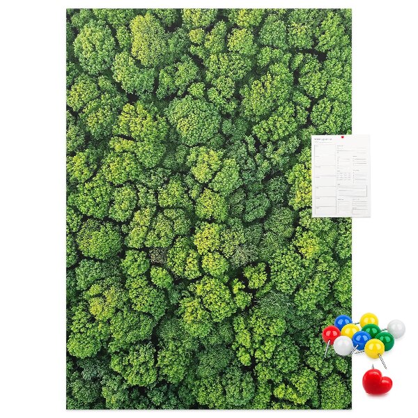 Prikbord van kurk met een afbeelding van een groen bos vanuit vogelperspectief