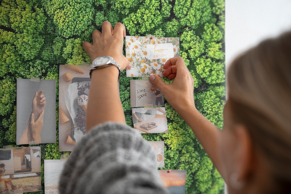 Prikbord van kurk met een afbeelding van een groen bos vanuit vogelperspectief
