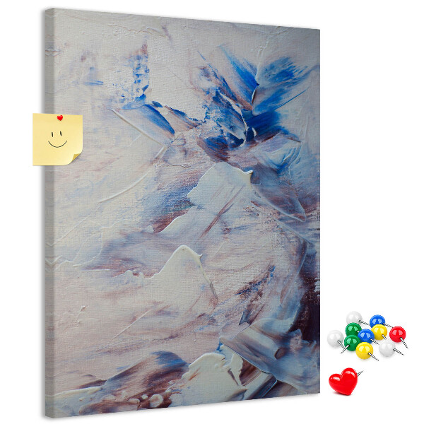 Kurken memobord met abstracte blauw-witte verfspatten