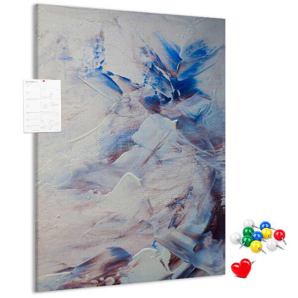 Kurken memobord met abstracte blauw-witte verfspatten