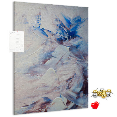 Kurken memobord met abstracte blauw-witte verfspatten