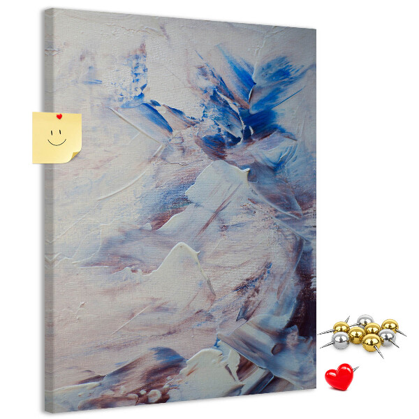 Kurken memobord met abstracte blauw-witte verfspatten