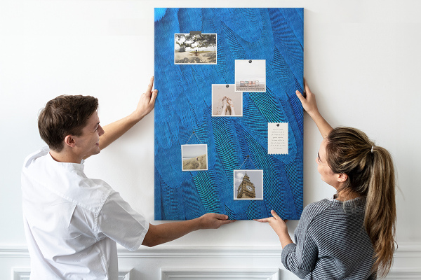 Kurken memobord met de afbeelding Blauwe veren in het zachte licht