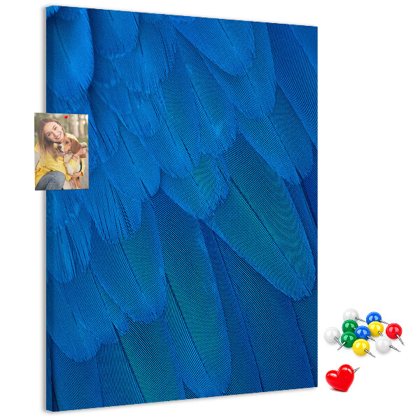 Kurken memobord met de afbeelding Blauwe veren in het zachte licht