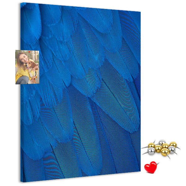 Kurken memobord met de afbeelding Blauwe veren in het zachte licht