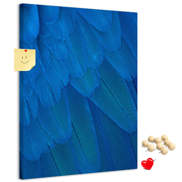 Kurken memobord met de afbeelding Blauwe veren in het zachte licht