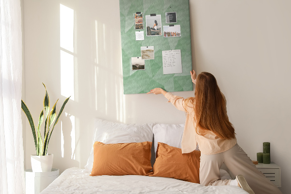 Prikbord van kurk met geometrische vormen in groene tinten