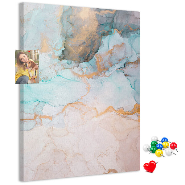 Prikbord van kurk met fijne aquarelverf in blauwe tinten
