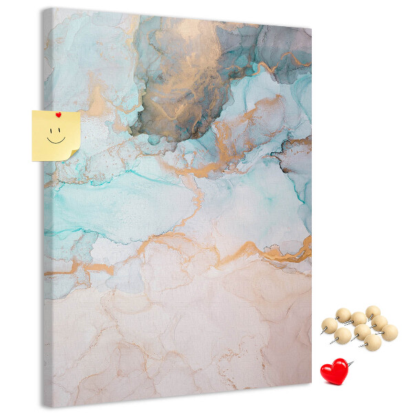 Prikbord van kurk met fijne aquarelverf in blauwe tinten