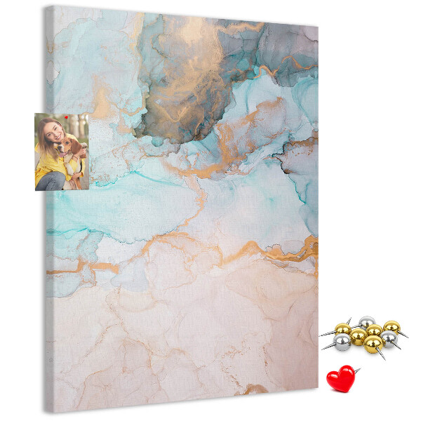 Prikbord van kurk met fijne aquarelverf in blauwe tinten