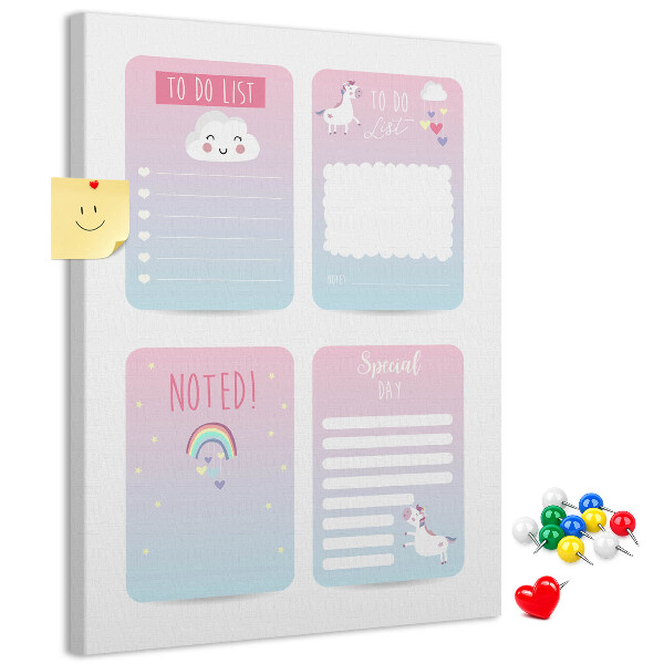 Kurken memobord kleurrijke notitieboekjes met eenhoornmotief