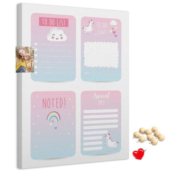 Kurken memobord kleurrijke notitieboekjes met eenhoornmotief