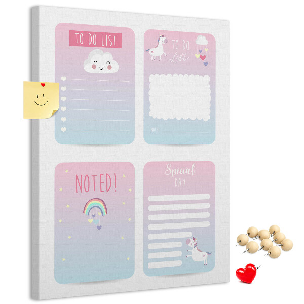 Kurken memobord kleurrijke notitieboekjes met eenhoornmotief