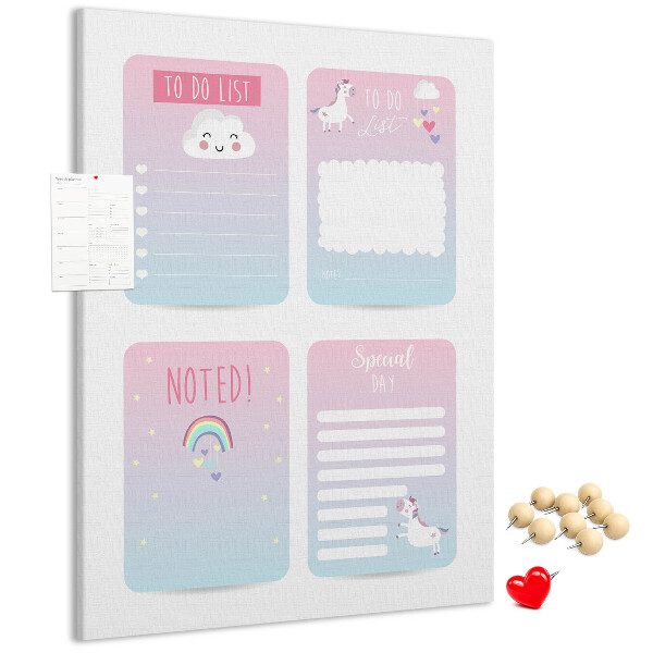 Kurken memobord kleurrijke notitieboekjes met eenhoornmotief