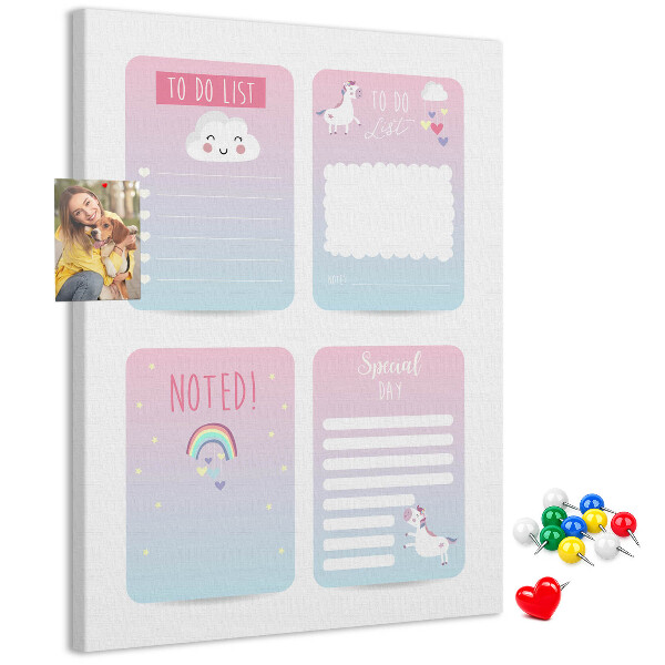 Kurken memobord kleurrijke notitieboekjes met eenhoornmotief