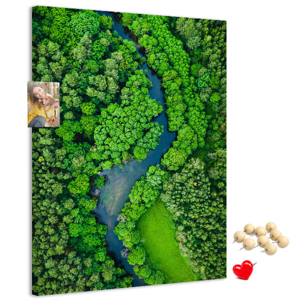 Kurken prikbord met een groen landschap met een kronkelende rivier