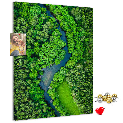 Kurken prikbord met een groen landschap met een kronkelende rivier